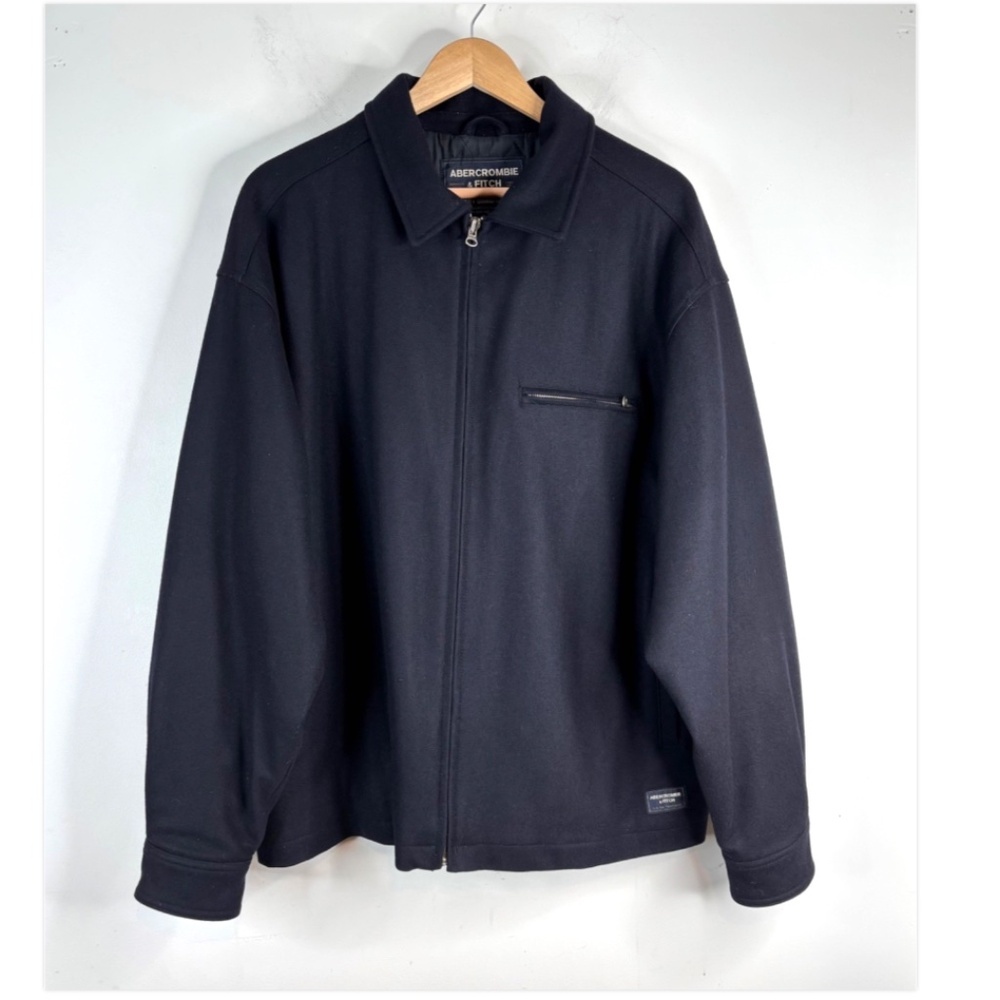 VTG Y2K Abercrombie Wool Coat Mens L Navy Full Zip Preppy Old Money Minimalist